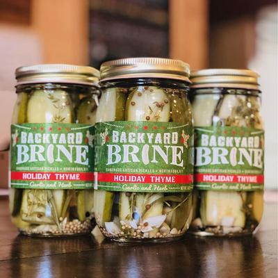 Backyard Brine - Holiday Thyme Garlic and Herb Pickle Halves, 16 oz Jar, 6-Pack - Backyard Brine Pickles Condiments and Gourmet Products